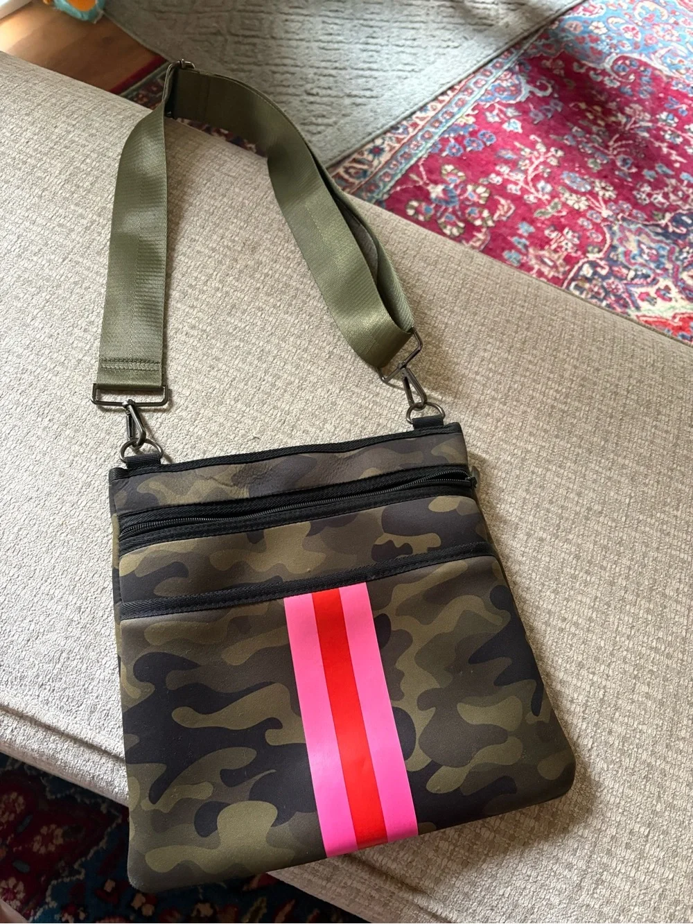 Haute Shore Camouflage Crossbody Bag with Pink & Red Stripe